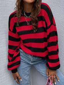 SHEIN Franclia 条纹图案落肩毛衣，长袖针织套头衫，秋冬毛衣 - 彩色 - 查看 3