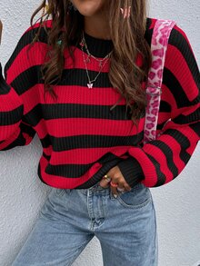 SHEIN Franclia 条纹图案落肩毛衣，长袖针织套头衫，秋冬毛衣 - 彩色 - 查看 4