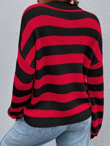 SHEIN Franclia 条纹图案落肩毛衣，长袖针织套头衫，秋冬毛衣 - 彩色 - 查看 2
