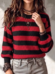 SHEIN Franclia 条纹图案落肩毛衣，长袖针织套头衫，秋冬毛衣 - 彩色 - 查看 8