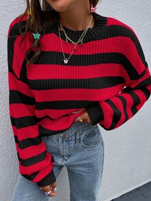 SHEIN Franclia 条纹图案落肩毛衣，长袖针织套头衫，秋冬毛衣 - 彩色 - 查看 6