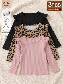 SHEIN 女童 3 件組羅紋針織長袖上衣 黑色粉色棕色 荷葉邊 T-shirt 套裝 幼兒聖誕套裝 - 彩色 - 查看 6