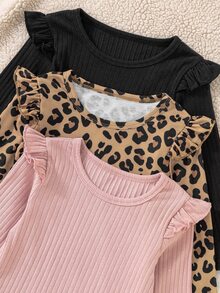 SHEIN 女童 3 件組羅紋針織長袖上衣 黑色粉色棕色 荷葉邊 T-shirt 套裝 幼兒聖誕套裝 - 彩色 - 查看 8