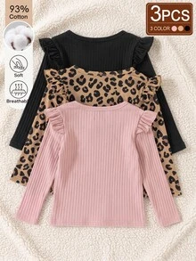 SHEIN 女童 3 件組羅紋針織長袖上衣 黑色粉色棕色 荷葉邊 T-shirt 套裝 幼兒聖誕套裝 - 彩色 - 查看 3