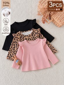 SHEIN 女童 3 件組羅紋針織長袖上衣 黑色粉色棕色 荷葉邊 T-shirt 套裝 幼兒聖誕套裝 - 彩色 - 查看 2