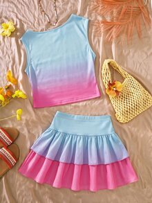SHEIN Girls' Gradient 2 Pieces Set, Asymmetrical Shoulder Sleeveless Cropped Top, Ruched Waist Design, Holiday Beach Vacation Blue Summer Cute Tropical - Multicolor - View 2
