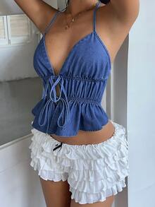 Sunnyshic 女款夏季性感掛脖露背繫帶抓皺荷葉邊牛仔上衣 - 藍色 - 查看 6