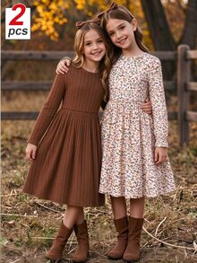 SHEIN Christmas Party Dress Tween Girl 2pcs Solid Brown And Cream Flared Dress, Elegant Contrast - Multicolor - View 3