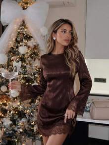 Serisse Women's Elegant Lace Patchwork Dress For Dating - Brown - View 7