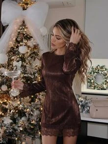 Serisse Women's Elegant Lace Patchwork Dress For Dating - Brown - View 4