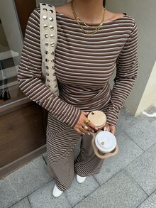 Muchica 大尺碼女款條紋船領長袖T恤與寬腿褲休閒優雅兩件套，適合早午餐、度假、冬季派對，棕色 - 彩色 - 查看 6