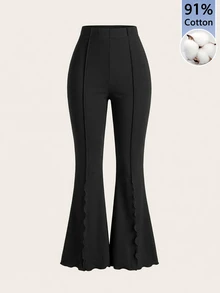 SHEIN PETITE CURVE Plus Size Fashion Versatile Solid Color Flare Pants Office Vacation Beach Black Fall Casual Swaggy Elegant - Black - View 5