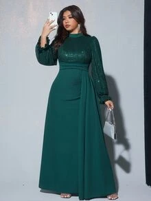Viva Relle 大尺碼女款優雅華麗珠飾亮片長袖收腰流暢晚禮服，適合宴會、派對、婚禮賓客、新年 - 墨綠色 - 查看 3