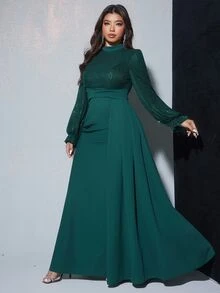 Viva Relle 大尺碼女款優雅華麗珠飾亮片長袖收腰流暢晚禮服，適合宴會、派對、婚禮賓客、新年 - 墨綠色 - 查看 4