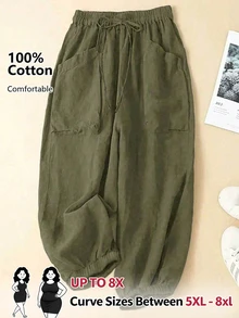 SHEIN CURVE+ CURVE+ Plus Size Women Solid Color Minimalist Casual Drawstring Pants Fall Cloth For Women - Army Green - View 3