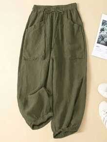 SHEIN CURVE+ CURVE+ Plus Size Women Solid Color Minimalist Casual Drawstring Pants Fall Cloth For Women - Army Green - View 6