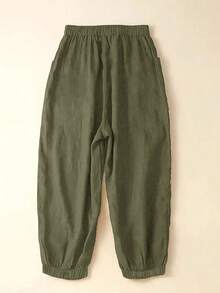 SHEIN CURVE+ CURVE+ Plus Size Women Solid Color Minimalist Casual Drawstring Pants Fall Cloth For Women - Army Green - View 2