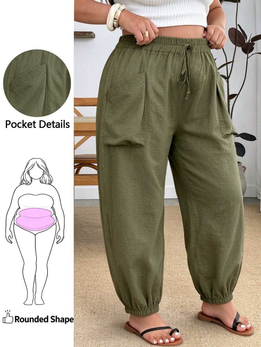SHEIN CURVE+ CURVE+ Plus Size Women Solid Color Minimalist Casual Drawstring Pants Fall Cloth For Women - Army Green - View 1