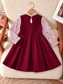 SHEIN Girls' Navy Blue Striped Patchwork 2 In 1 Dress Blue & White Striped Long Sleeve With Ruffle Collar And Bow Decor Navy Suspender Dress Style - Burgundy - View 3