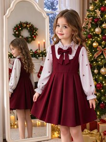 SHEIN Girls' Navy Blue Striped Patchwork 2 In 1 Dress Blue & White Striped Long Sleeve With Ruffle Collar And Bow Decor Navy Suspender Dress Style - Burgundy - View 4