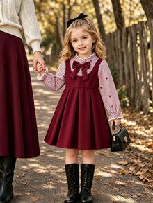 SHEIN Girls' Navy Blue Striped Patchwork 2 In 1 Dress Blue & White Striped Long Sleeve With Ruffle Collar And Bow Decor Navy Suspender Dress Style - Burgundy - View 5