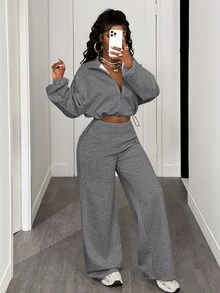 BamGleam Women's Casual Solid Color Top And Pants 2 Pieces Set, Autumn/Winter Everyday Travel Light Grey - Dark Grey - View 9