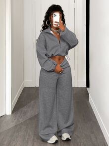 BamGleam Women's Casual Solid Color Top And Pants 2 Pieces Set, Autumn/Winter Everyday Travel Light Grey - Dark Grey - View 8