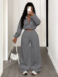 BamGleam Women's Casual Solid Color Top And Pants 2 Pieces Set, Autumn/Winter Everyday Travel Light Grey - Dark Grey - View 6