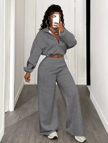 BamGleam Women's Casual Solid Color Top And Pants 2 Pieces Set, Autumn/Winter Everyday Travel Light Grey - Dark Grey - View 5