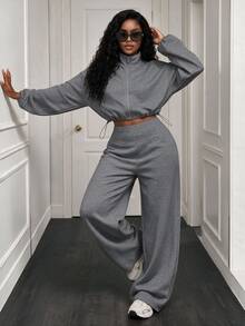 BamGleam Women's Casual Solid Color Top And Pants 2 Pieces Set, Autumn/Winter Everyday Travel Light Grey - Dark Grey - View 4