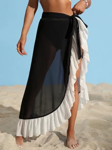SHEIN Swim Summer Beach Colorblock Ruffle Hem Cover Up Skirt - Black - View 6