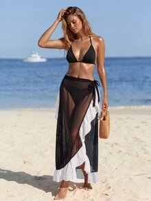 SHEIN Swim Summer Beach Colorblock Ruffle Hem Cover Up Skirt - Black - View 4