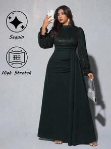 Viva Relle 大码女式优雅亮片装饰长袖高腰喇叭裙，适合宴会、派对、婚礼宾客、新年、圣诞节 - 黑色 - 查看 1