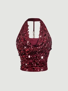 SHEIN MOD Plus Size Green Sequin Halter Top, Prom Party Outfit, Date Night Outfit, Holiday Gathering Outfit, All Season Party Outfit Christmas - Burgundy - View 2