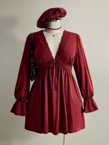 SHEIN ICON Plus Size Y2K Vintage V-Neck Lace Patchwork Babydoll Lantern Sleeve Ruffle Hem Dress - Burgundy - View 2