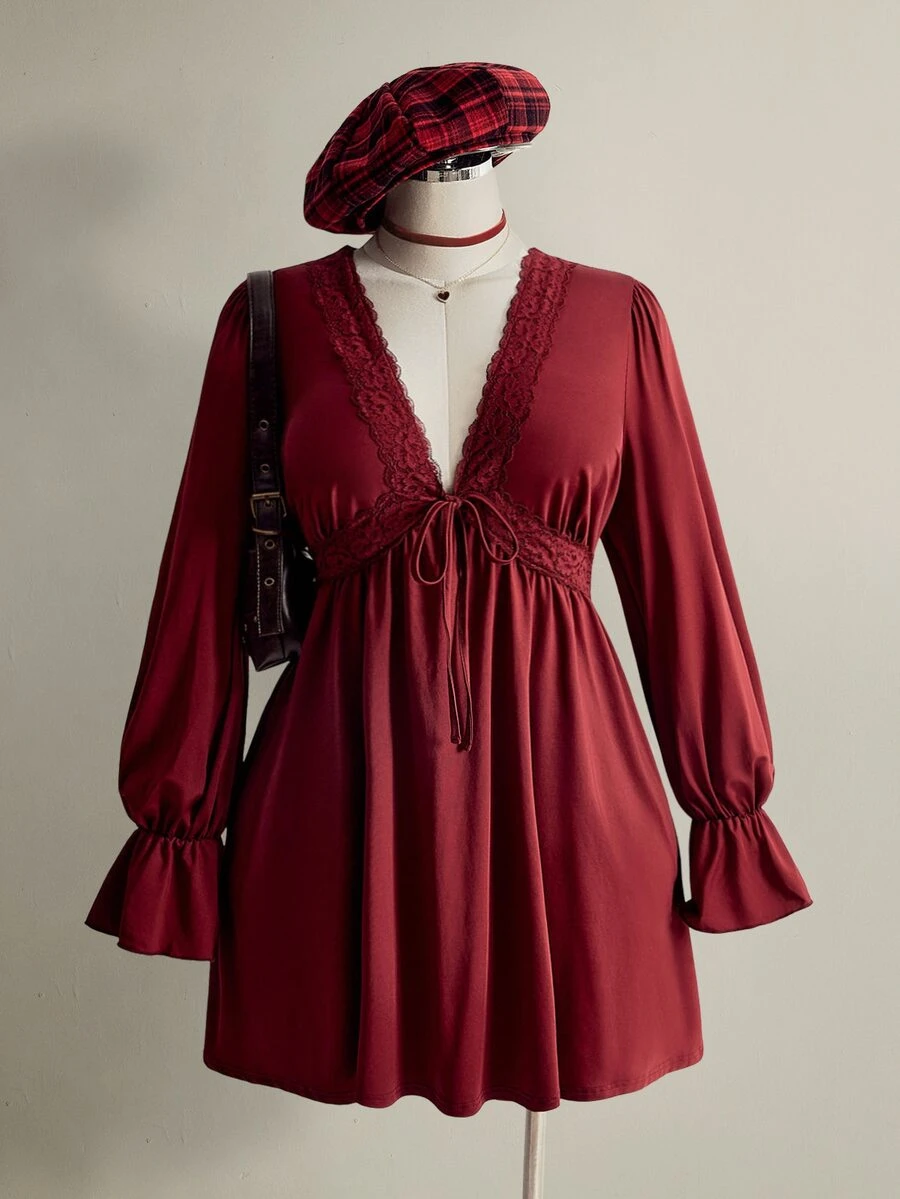 SHEIN ICON Plus Size Y2K Vintage V-Neck Lace Patchwork Babydoll Lantern Sleeve Ruffle Hem Dress - Burgundy - View 1