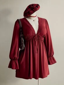 SHEIN ICON Plus Size Y2K Vintage V-Neck Lace Patchwork Babydoll Lantern Sleeve Ruffle Hem Dress - Burgundy - View 5