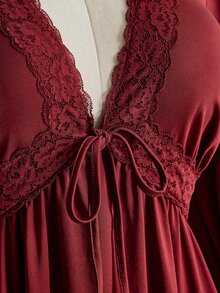 SHEIN ICON Plus Size Y2K Vintage V-Neck Lace Patchwork Babydoll Lantern Sleeve Ruffle Hem Dress - Burgundy - View 6