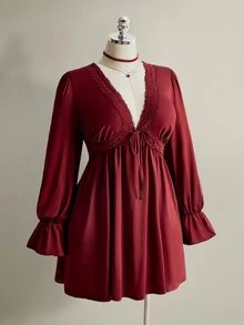 SHEIN ICON Plus Size Y2K Vintage V-Neck Lace Patchwork Babydoll Lantern Sleeve Ruffle Hem Dress - Burgundy - View 4