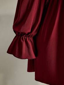 SHEIN ICON Plus Size Y2K Vintage V-Neck Lace Patchwork Babydoll Lantern Sleeve Ruffle Hem Dress - Burgundy - View 7