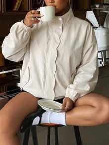 Muchica Plus Size Women Solid Color Drop Shoulder Long Sleeve Casual Fairy Gothic Loose Fit Jacket Homewear Going Out Formal White Fall - Beige - View 1
