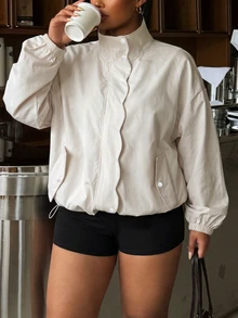 Muchica Plus Size Women Solid Color Drop Shoulder Long Sleeve Casual Fairy Gothic Loose Fit Jacket Homewear Going Out Formal White Fall - Beige - View 3