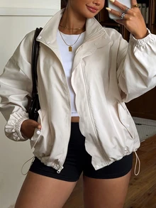Muchica Plus Size Women Solid Color Drop Shoulder Long Sleeve Casual Fairy Gothic Loose Fit Jacket Homewear Going Out Formal White Fall - Beige - View 4