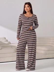Solflare Plus Size Women's Striped Long Sleeve Top And Pants Casual Elegant Daily 2 Pieces Set Lounge Homewear Formal Brown Fall - Multicolor - View 3
