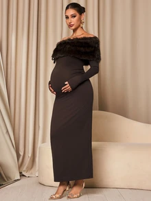 MaterniChic Maternity Off-Shoulder Elegant Party Dress Fall - Brown - View 4