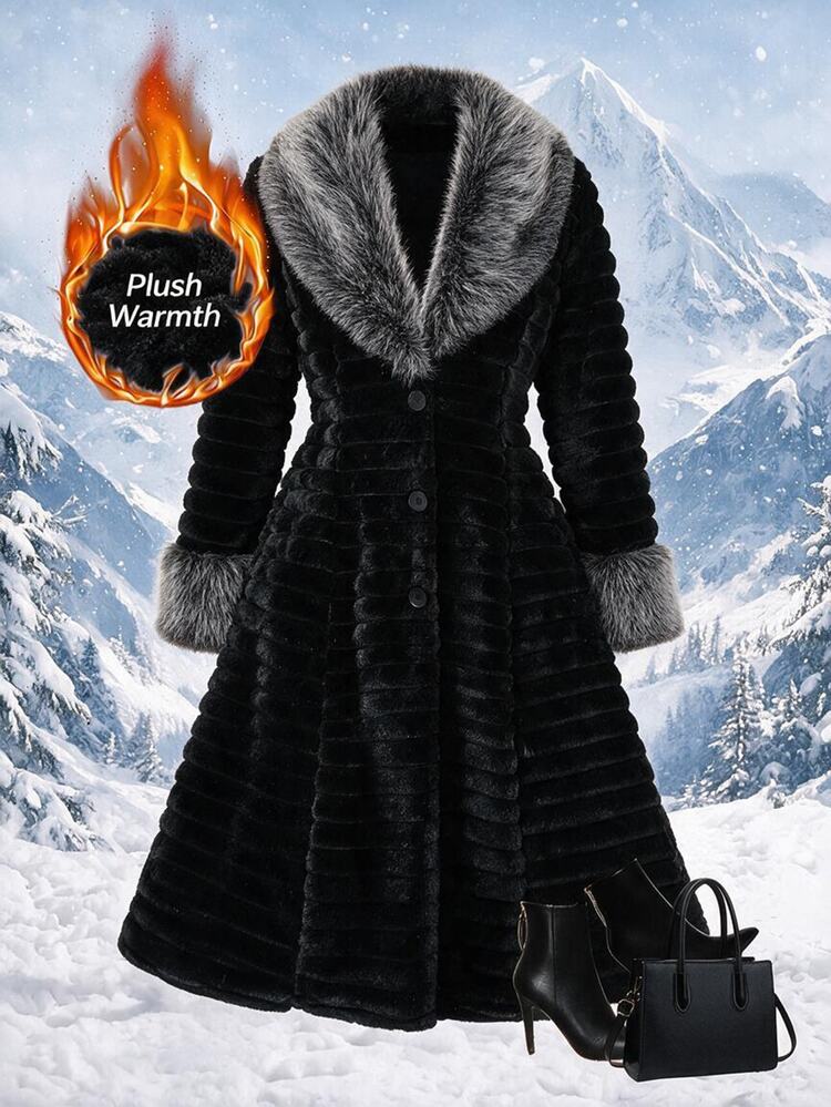 SHEIN Clasi Plus Size Striped Textured Waist Tie Design Faux Fur Coat, Warm For Winter Wear Halloween Formal Going Out Evening Nuit Black Elegant Fluffy Gothic - Black - View 1