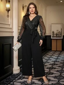 Reflora Plus Size Women's Patchwork Sequin Design Overlap V-Neck Long Sleeve Elegant Jumpsuit Fall - Black - View 2