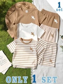 SHEIN 白色對比色嬰兒休閒端莊熱帶圖案時尚經典圓領短袖T恤與短褲套裝，適合度假、夏季、健身房、學校 - 彩色 - 查看 4