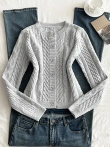 Elamini Women's Autumn/Winter Fashion Street Versatile Lazy Elegant Daily Commute Party Cable Knit Cardigan - Grey - View 3