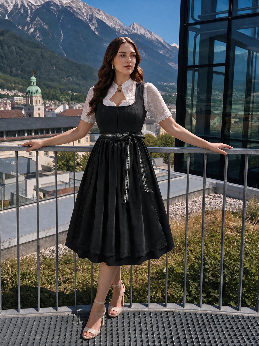Fairmaia Plus Size Women's Traditional German Square Neck Tie-Waist Dress, Halloween - Black - View 1